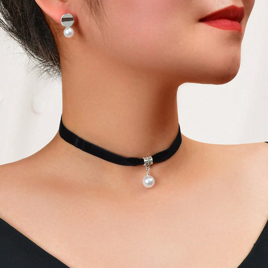 Black Velvet Pearl Pendant Necklace & Stud Earrings - Timeless Charm Jewelry Set