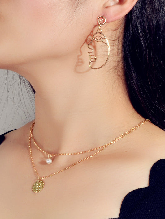 Gold Double Layered Chain Necklace Set with Face Profile Pendant Earrings Gift