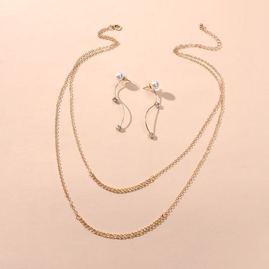 Gold Curved Earrings & Double Layer Necklace Set - Stylish Jewelry Ensemble