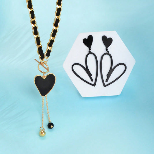 Timeless Elegance Black Heart Pendant Necklace Earrings Classic Jewellery Set