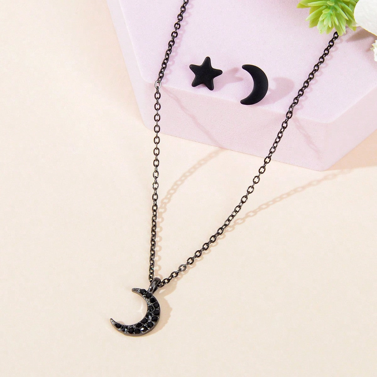 Black Moon Pendant with Moon and Stars Stud Earrings Set Celestial Jewelry Gift