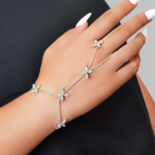 Diamond-Encrusted Chain Ring Connected Hand  Wrist Bracelet