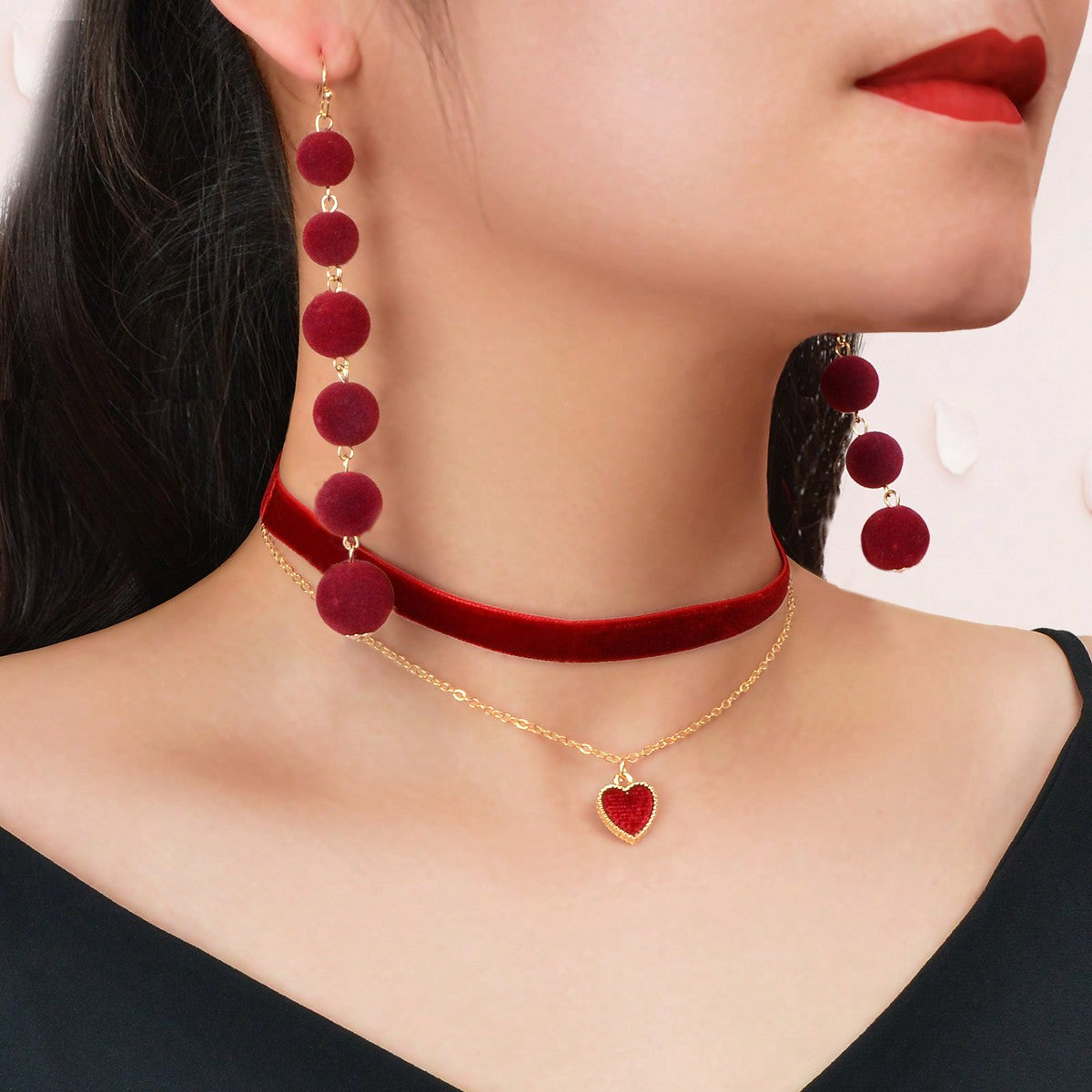 Burgundy Sphere Balls Pendant Earrings Double Layer Winered Heart Necklace Set