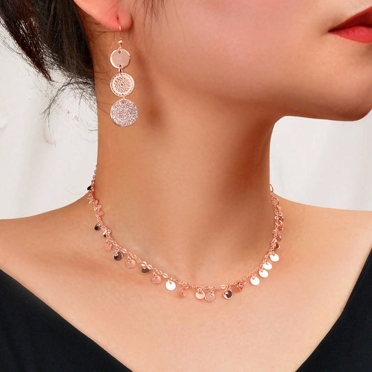 Radiant Rose Gold Multi-Disc Pendant Necklace & Earrings Set - Elegant Ensemble