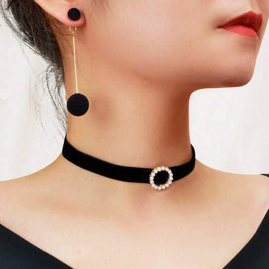 Chic Velvet Pearl Short Choker Necklace Long Earrings Set Elegant Black Ensemble