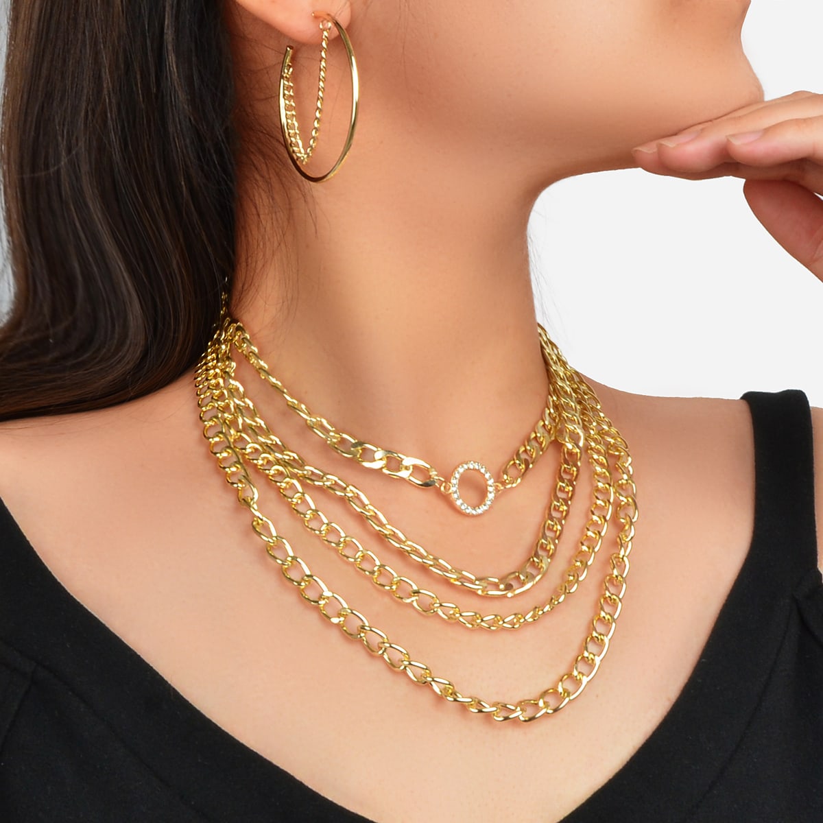 Gold Multi-Layer Chunky Chain Necklace with Tassel Earrings Statement Jewelry Set