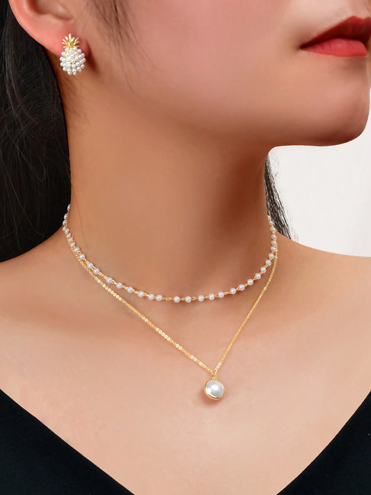 Pearl Pendant Double Layer Necklace & Pineapple Pearl Earrings Jewellery Set