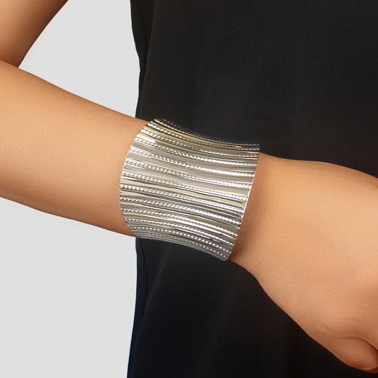 Silver Wide Cuff Bangle Statement Jewelry Glamorous Style Bracelet