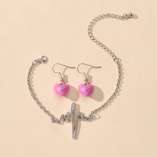 Silver EKG Heart Shape Bracelet with Heart Pendant Earrings Set Jewelry Ensemble