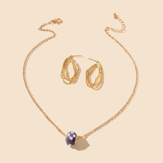 Purple Pendant Necklace and Gold Earrings Set - Elegant Jewelry Ensemble Gift