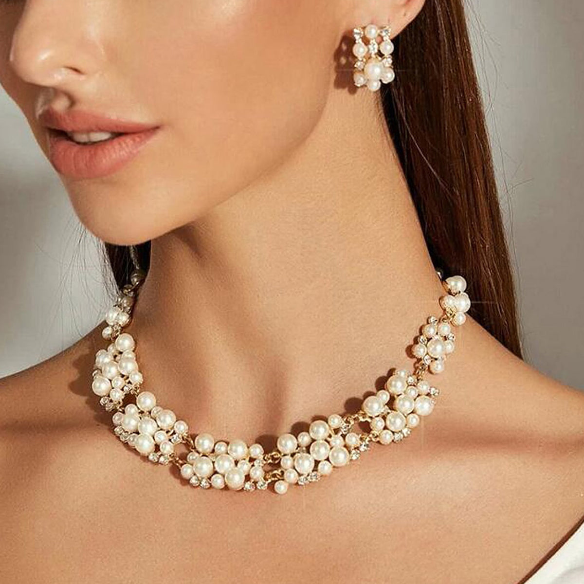 Rhinestone Pearl Collar Necklace Stud Earrings Luxurious Engagement Jewelry Set