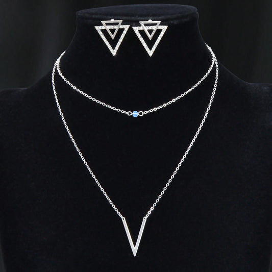 Silver V Pendant Necklace with Triangle Earrings Jewelry Set