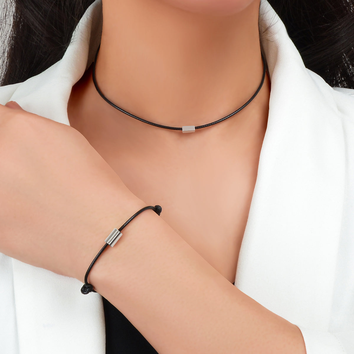 Minimalist Jewellery Metal Decor Black Rope Choker Necklace Adjustable Bracelet