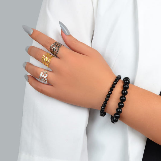 Double Layer Black Bead Bracelet with 3 Vintage Rings Set - Retro Chic Ensemble