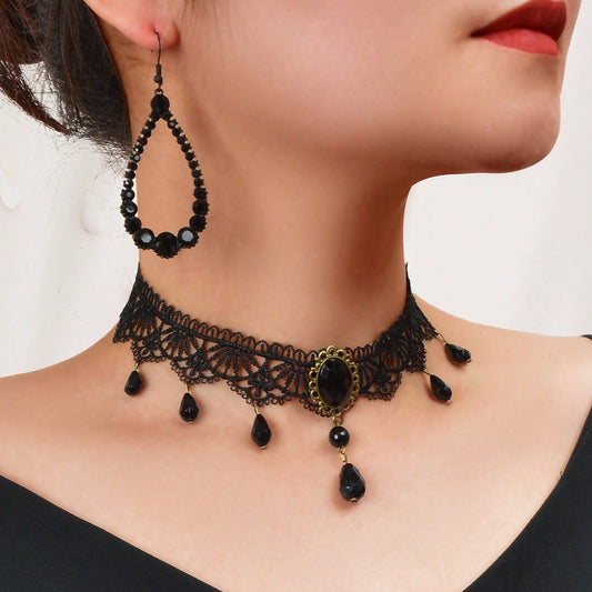 Black Beaded Pendant Lace Choker Necklace Teardrop Earrings Elegant Jewelry Set