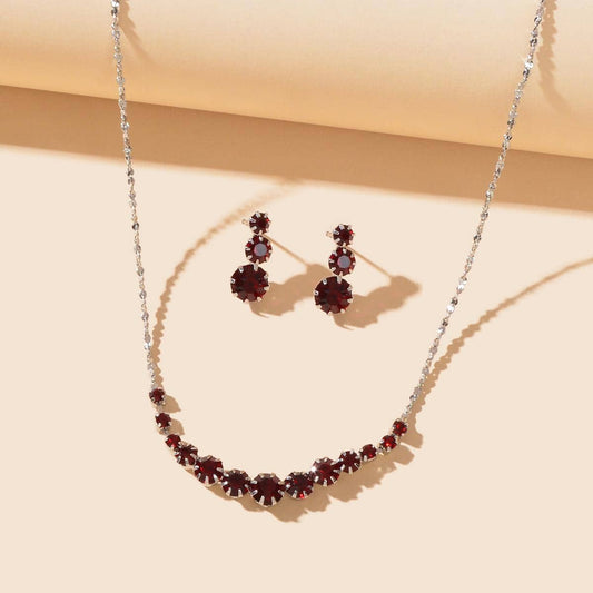 Burgundy Rhinestone Necklace and Winered Earrings Jewelry Set