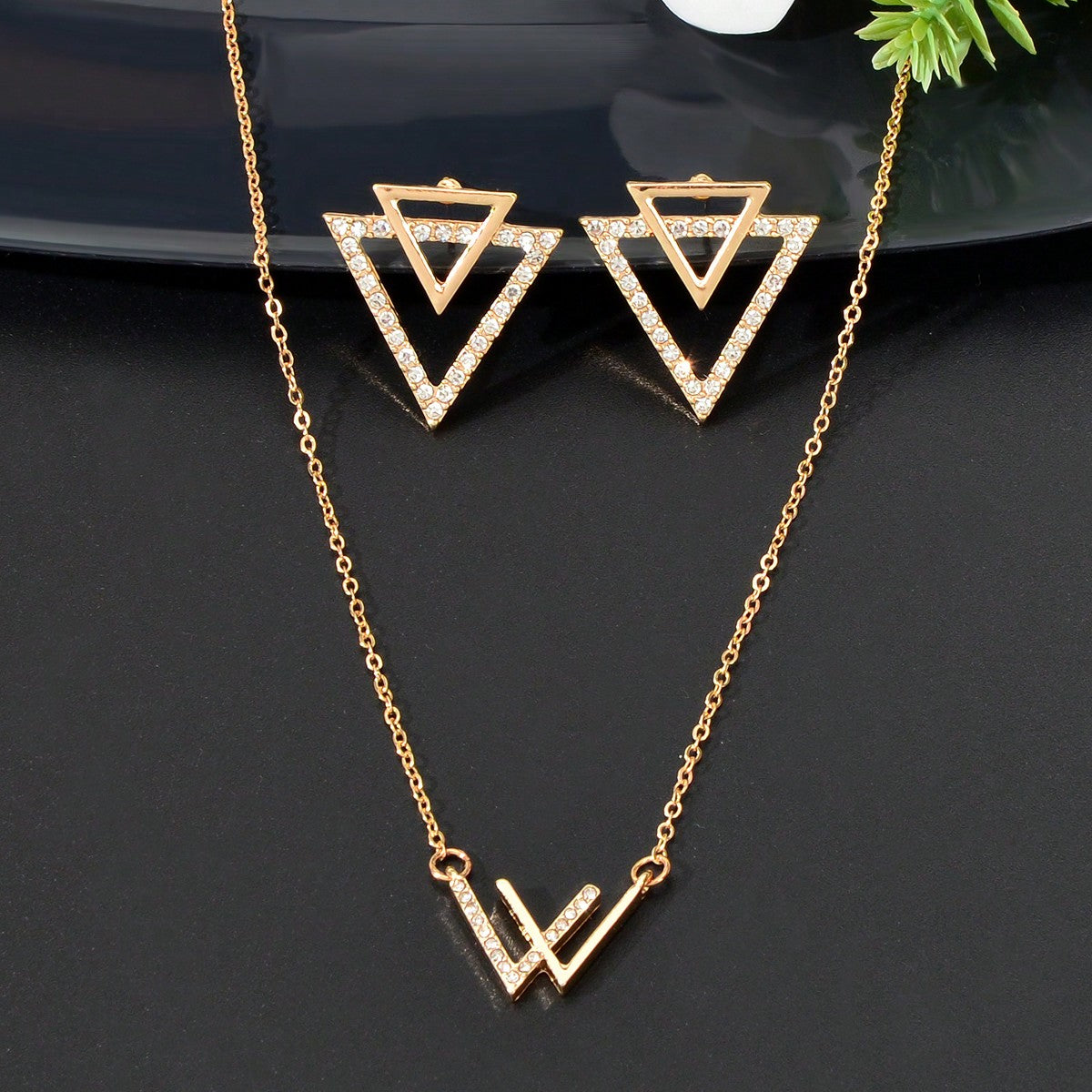 Double V Pendant Necklace with Triangle Earrings Set Chic Stylish Jewellery Gift