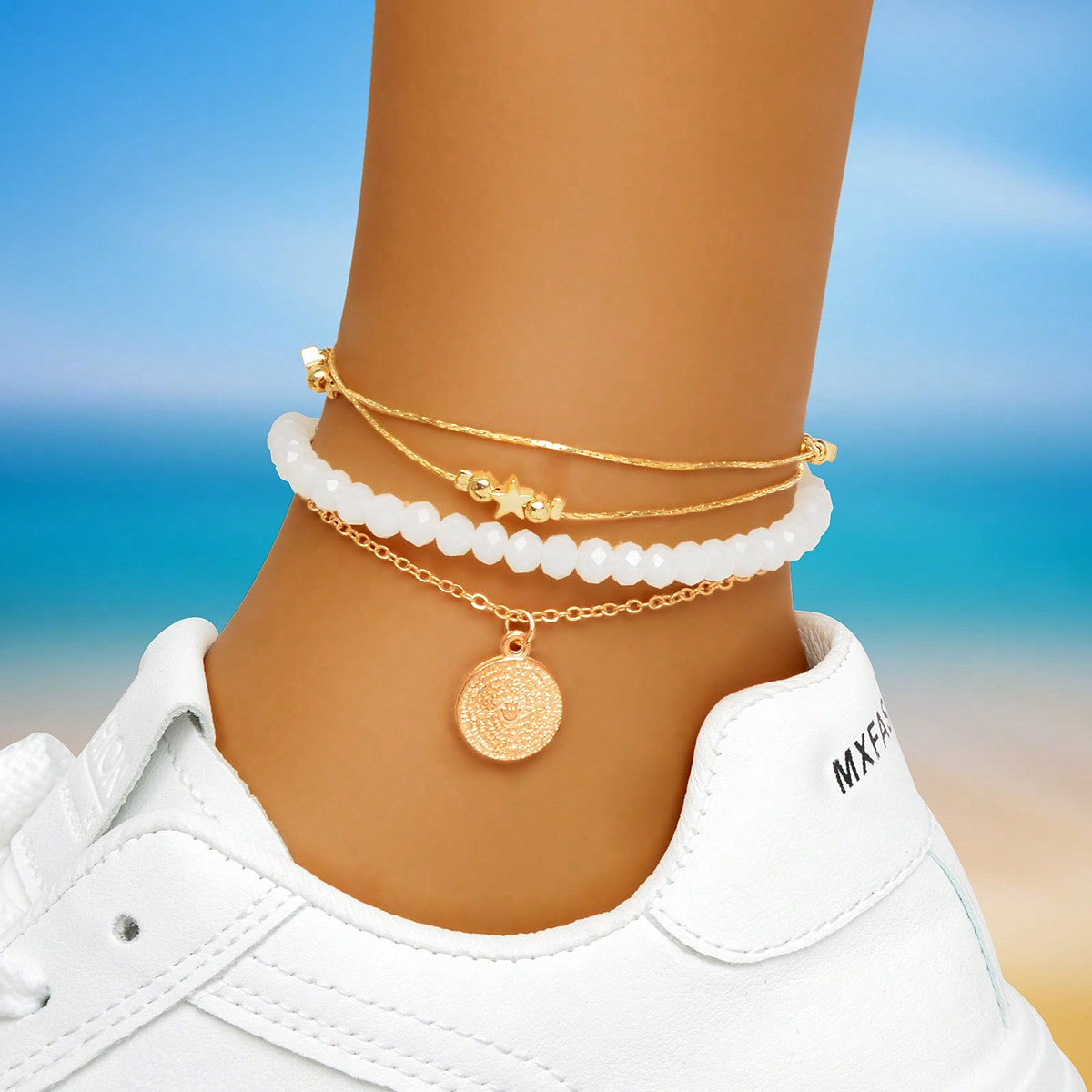 Beach Bliss Set of Two Multi-Layered Anklets Perfect for Vacation Vibes Jewelry