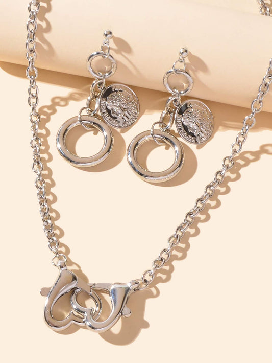 Silver Heart Pendant Necklace with Circle Pendant Earrings Elegant Jewellery Set