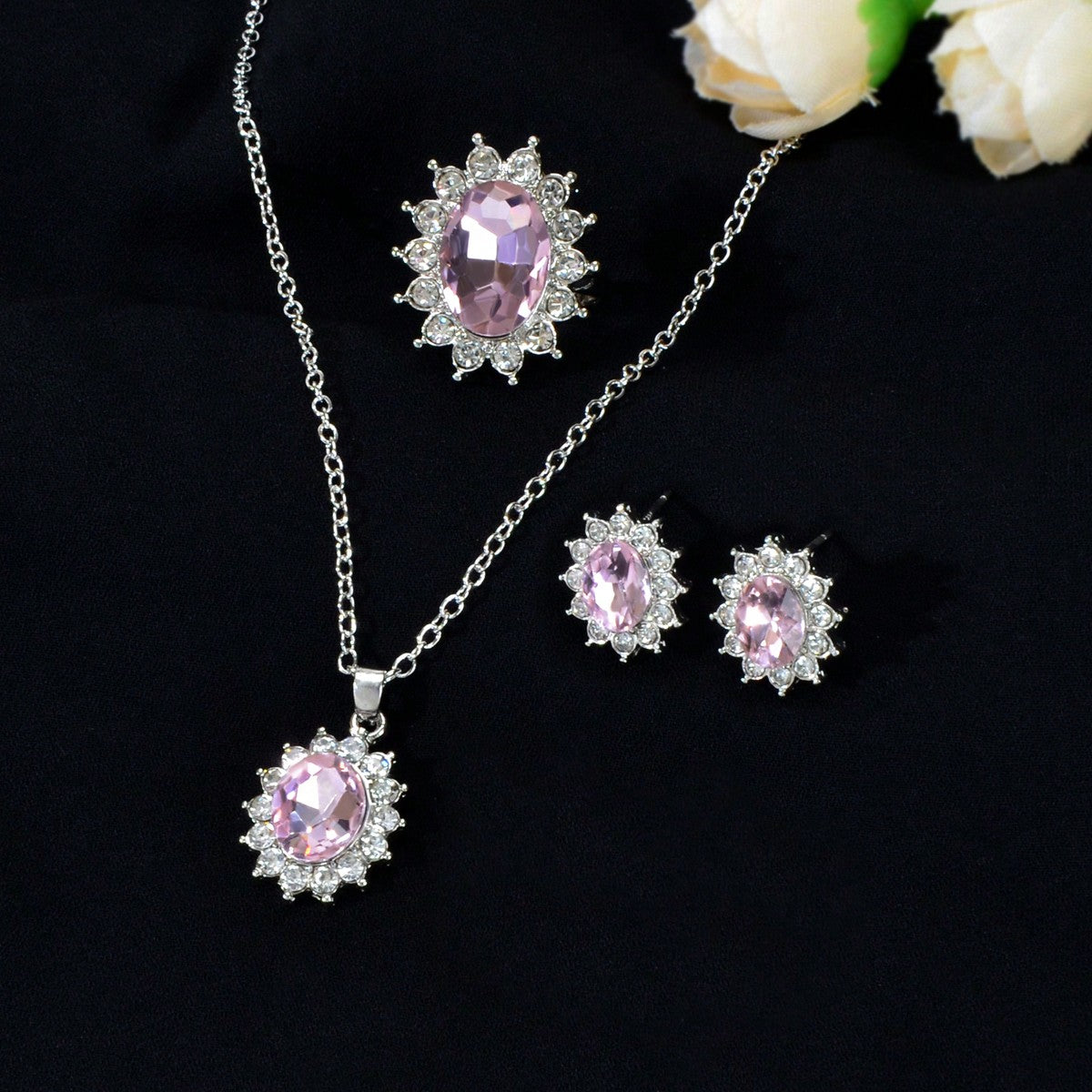 Crystal Flower Necklace Stud Earrings Finger Ring Luxury Wedding Jewellery Set