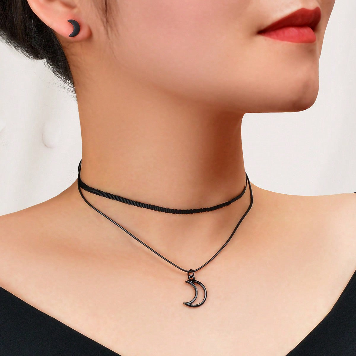 Black Moon Pendant Double Layer Short Necklace Star Crescent Earrings Gift Set