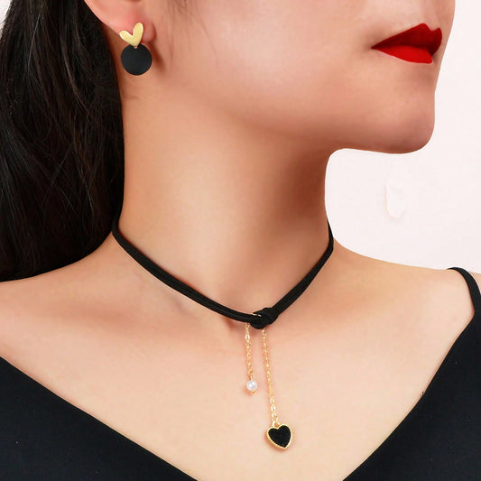 Black Heart Pendant Layered Necklace Earrings Set Elegant Jewelry Ensemble Gift