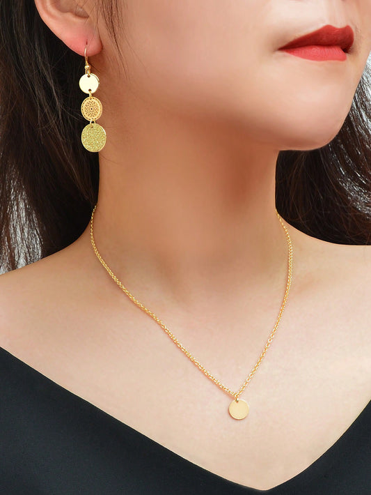 Gold Small Disc Pendant Necklace and Earring Set - Elegant Jewelry Ensemble