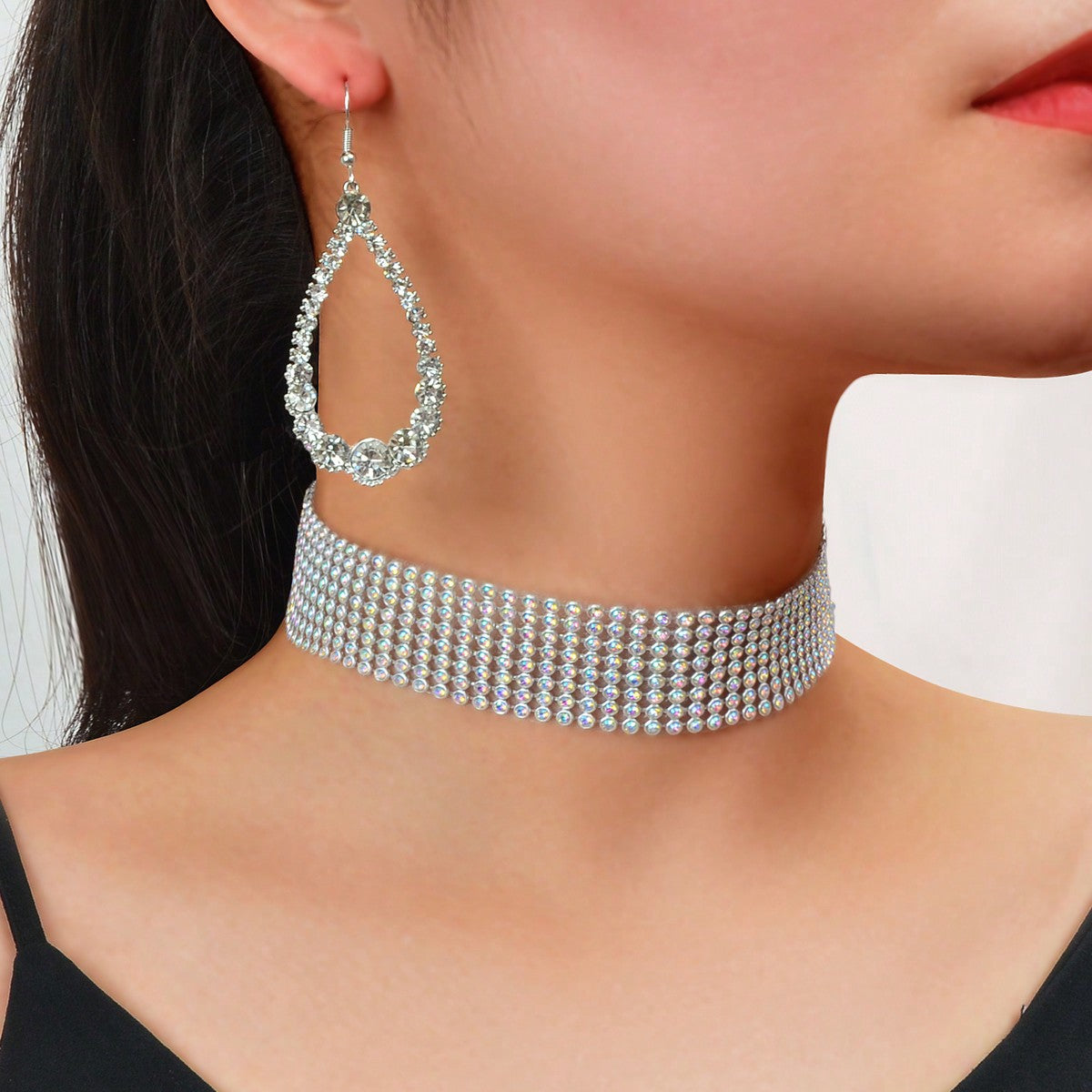 Silver Dazzling Short Choker Necklace Water Drop Earrings Sparkling Jewelry Set