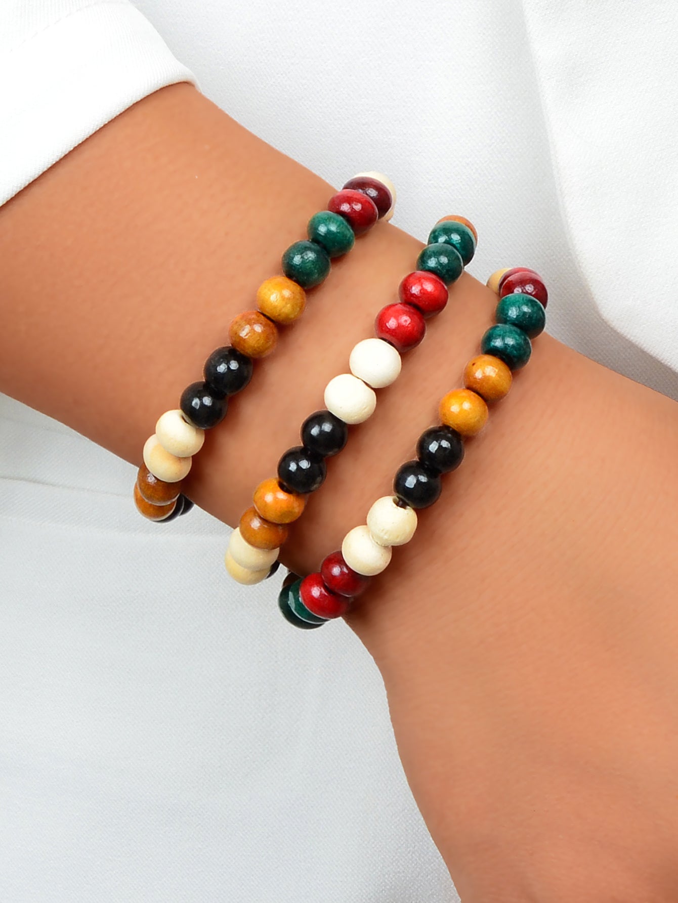 3pcs Ethnic Colorful Wood Beaded Layered Bangle Bracelet Women Holiday Jewellery