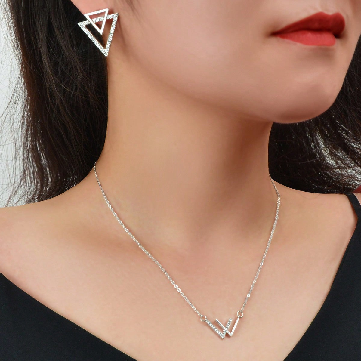 Double V Pendant Necklace with Triangle Earrings Set Chic Stylish Jewellery Gift