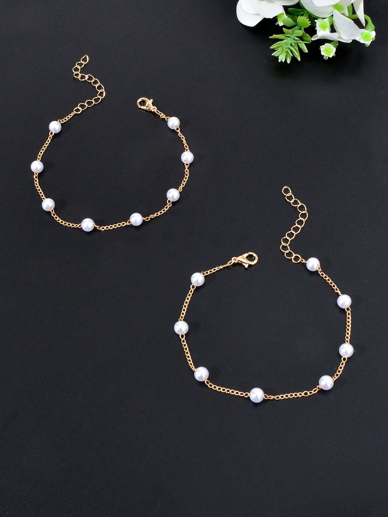 Set of 2 Pearl-Adorned Chain Anklets - Stylish Footwear Accessories Feet Jewelry