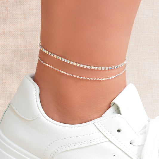 Summer Rhinestone Decor Double Layer Silver Chain Anklet Beach Foot Jewellery