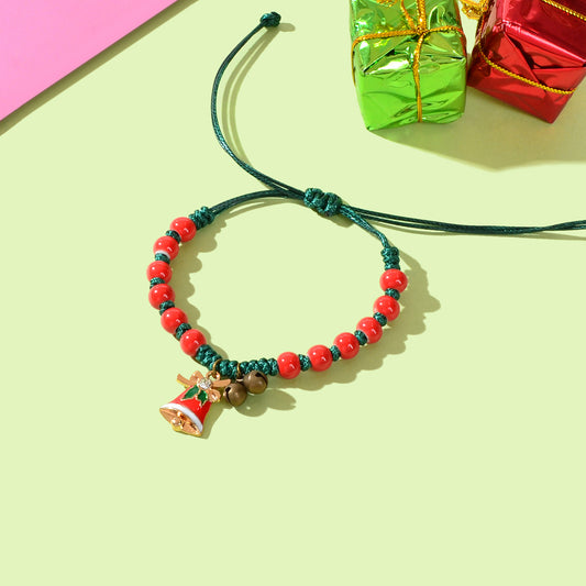 Xmas Gift Jewellery Green Braided Rope Red Beaded Bell Charm Adjustable Bracelet