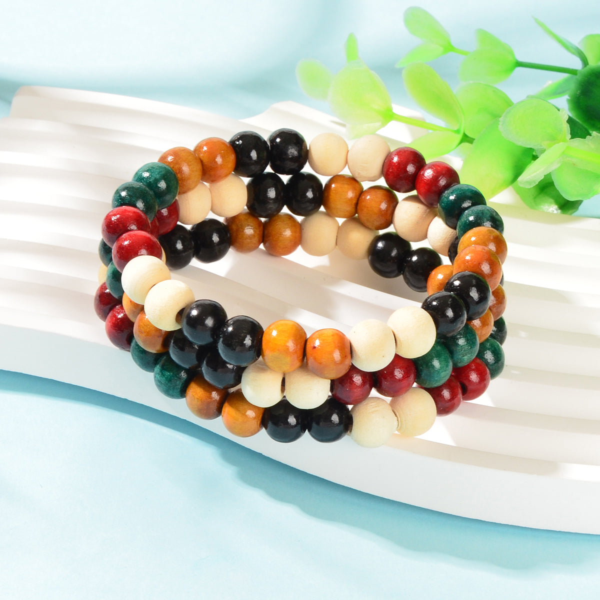 3pcs Ethnic Colorful Wood Beaded Layered Bangle Bracelet Women Holiday Jewellery