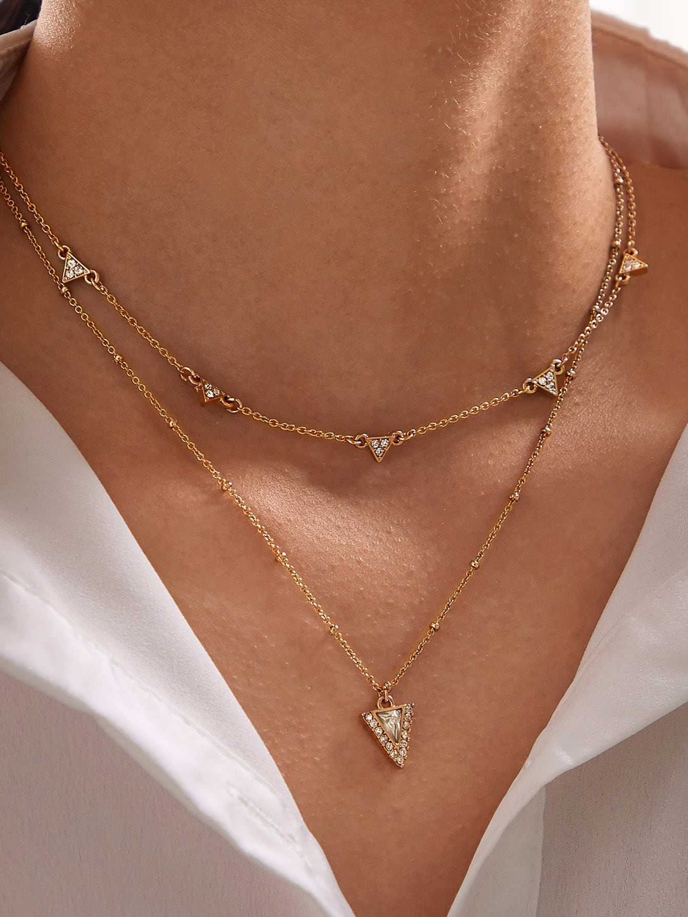 Ladies Jewellery Double layer Gold Chain Rhinestone Triangle Charm Necklace Gift