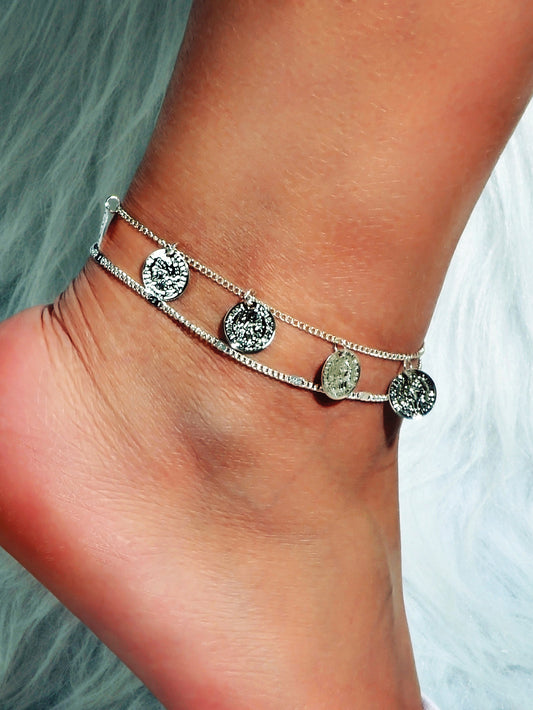 1 pc Boho Chic Double layer Silver Chain Cion Charm Anklet Foot Beach Jewellery