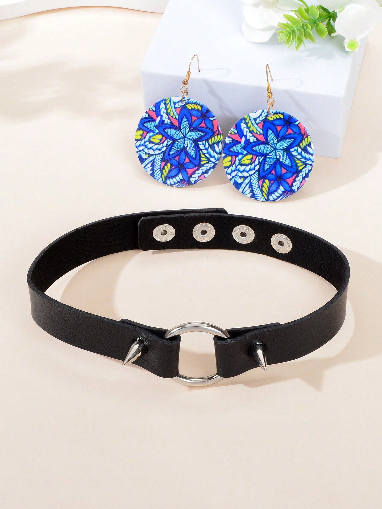 Colourful Printed Earrings with Black Studs Adjustable Short Necklace Set Bundle