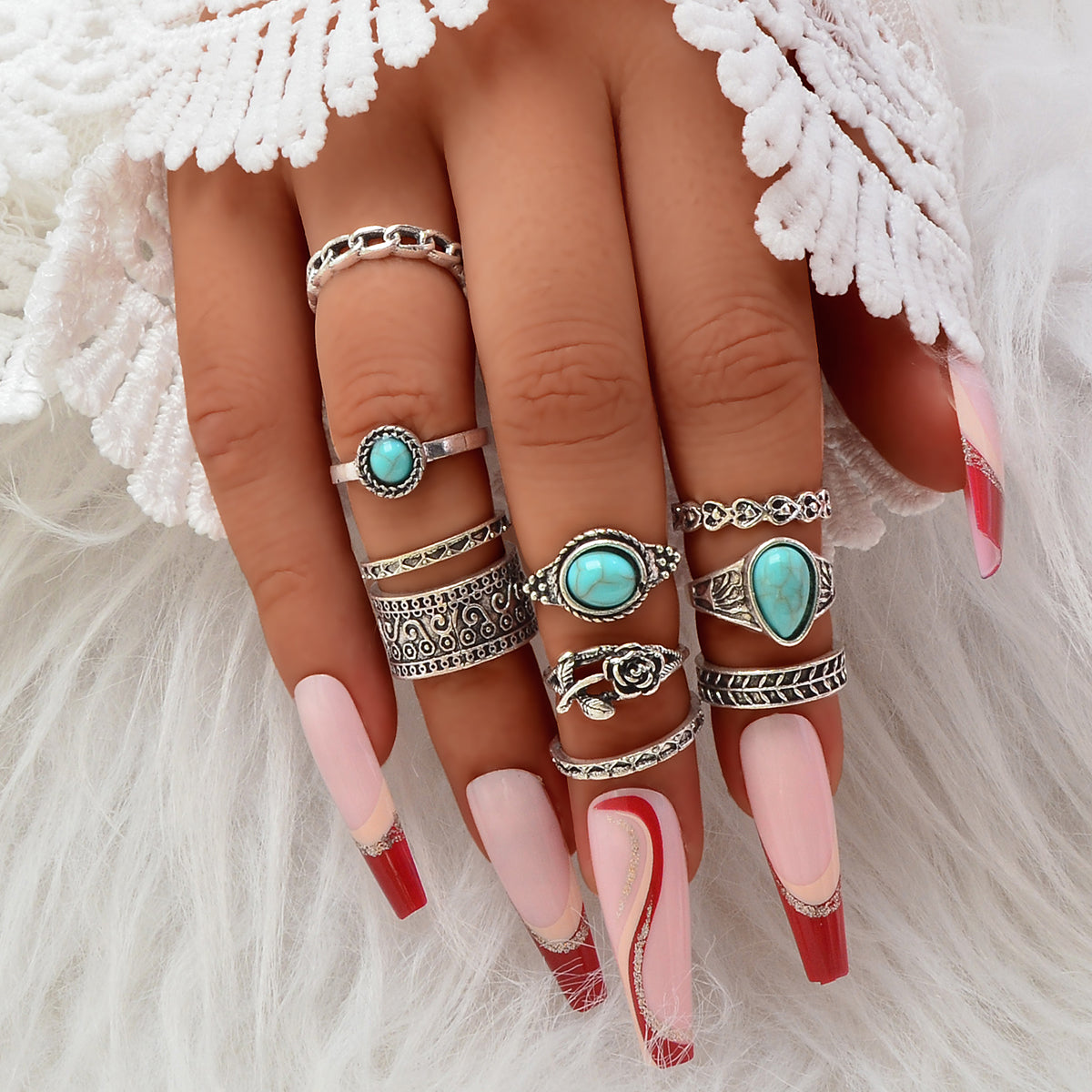 10 pcs Bohemian Antique Silver Turquoise Carved Flower Multiple Midi Rings Set