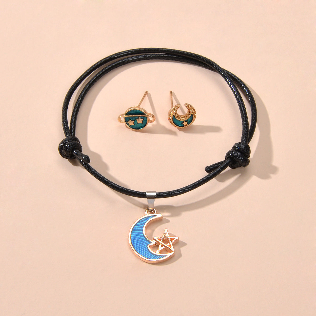 Jewellery set Black Pu Leather Star Moon Charm Adjustable Bracelet Stud Earrings