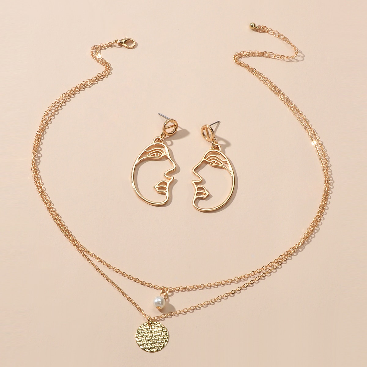 Gold Double Layered Chain Necklace Set with Face Profile Pendant Earrings Gift