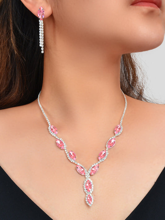 Luxurious Wedding Jewellery Set Pink Crystal Water Drop Necklace Dangle Earrings