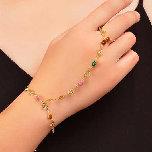 Colorful Heart Gold Chain Ring Wrist Finger Slave Bracelet Bangle Hand Jewellery