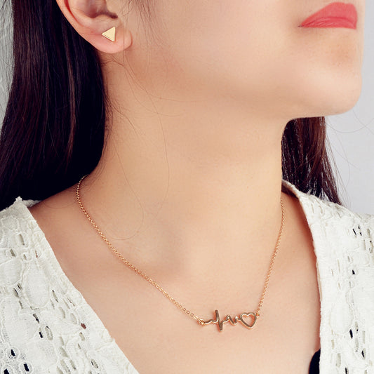 Minimalist Jewellery set Gold Chain Heartbeat Necklace and Triangle Earrings