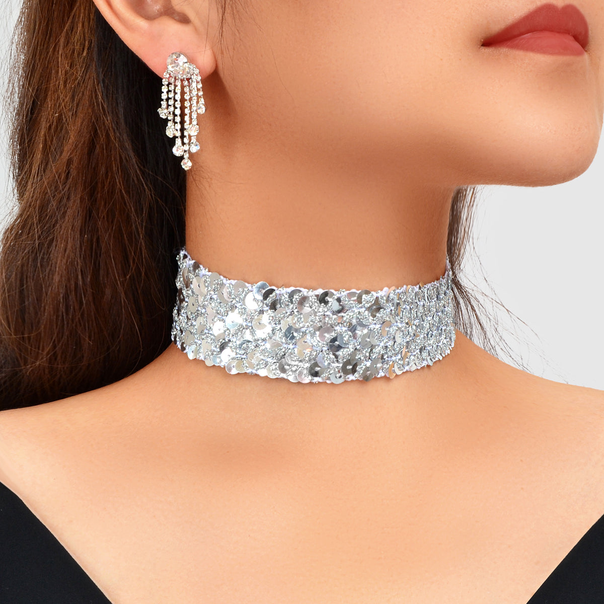 Women Party Decoration Set Silver Sequins Choker Zirconia Tassel Dangle Earrings