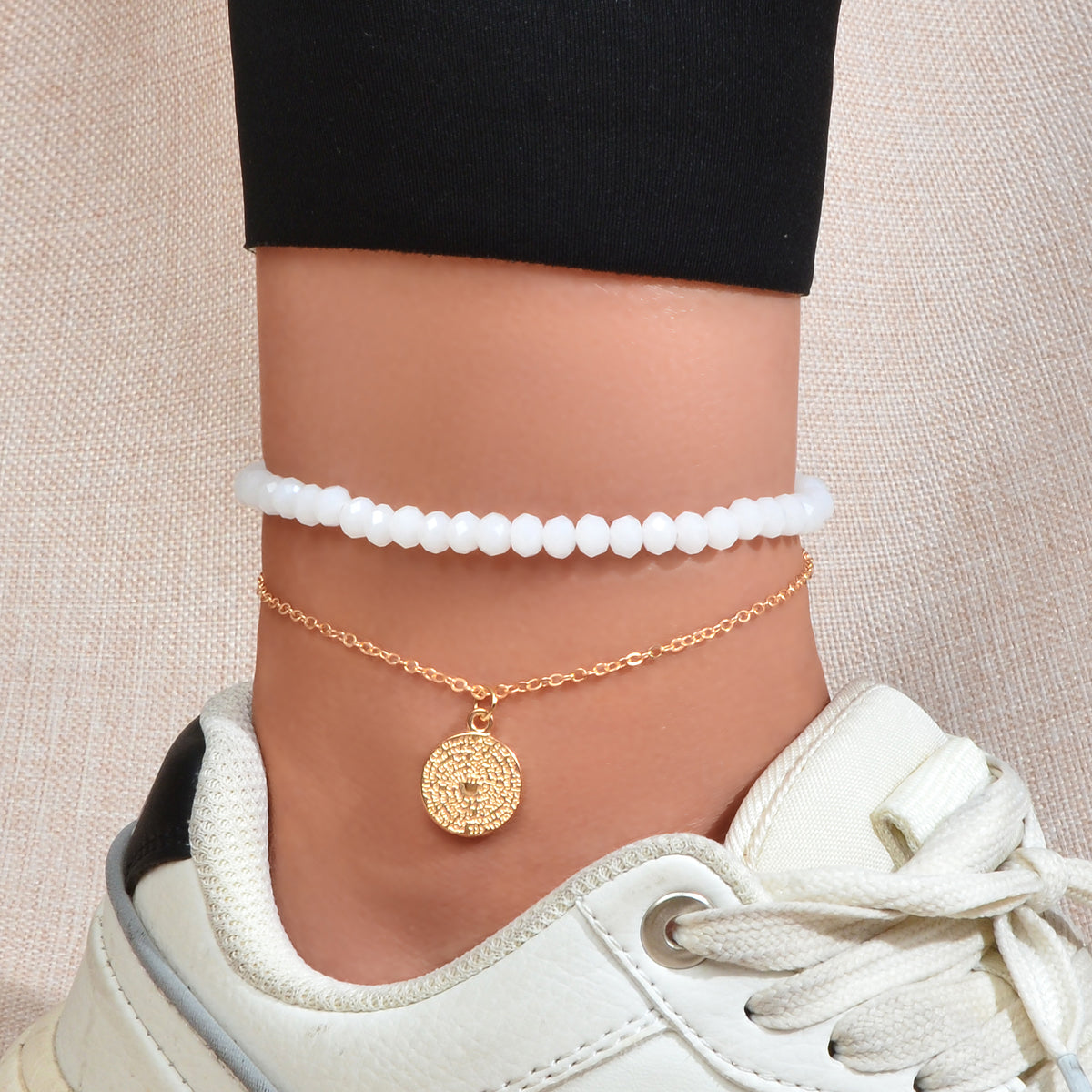 Layered Foot Chain White Beaded Gold Disc Charm Anklet Accessories Foot Jeweller