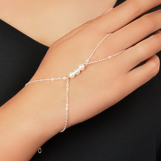 Boho Silver Hand Chain Finger Ring Harness Adjustable Slave Bracelet with Pearl