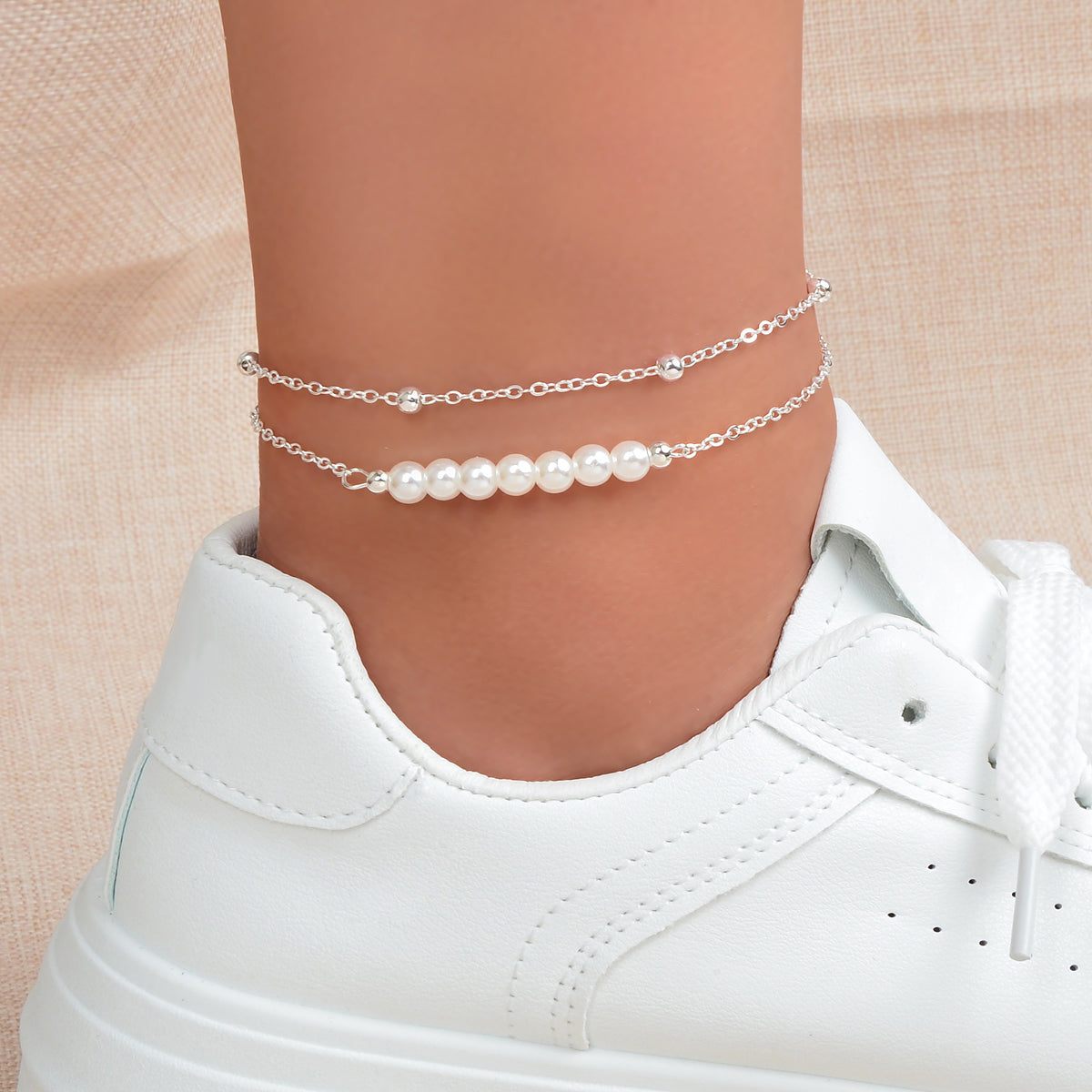 Beach Stylish Double layer Silver Chain Pearl Bead Anklet Vacation Foot Jewelry