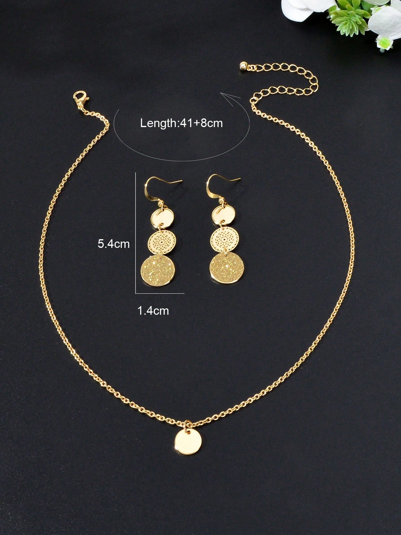 Gold Small Disc Pendant Necklace and Earring Set - Elegant Jewelry Ensemble