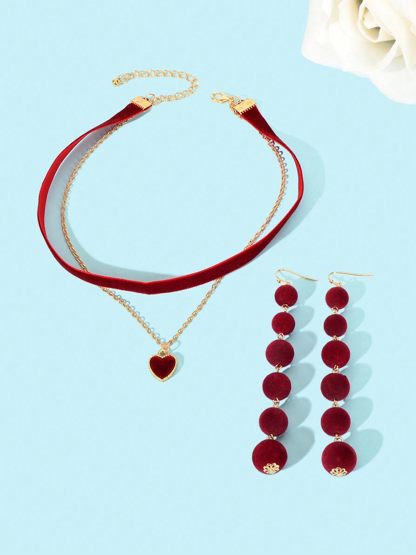 Burgundy Sphere Balls Pendant Earrings Double Layer Winered Heart Necklace Set