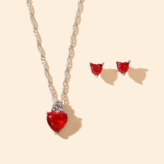 Valentine's Day Jewelry Set Gift Red Imitation Gemstone Heart Necklace Earrings